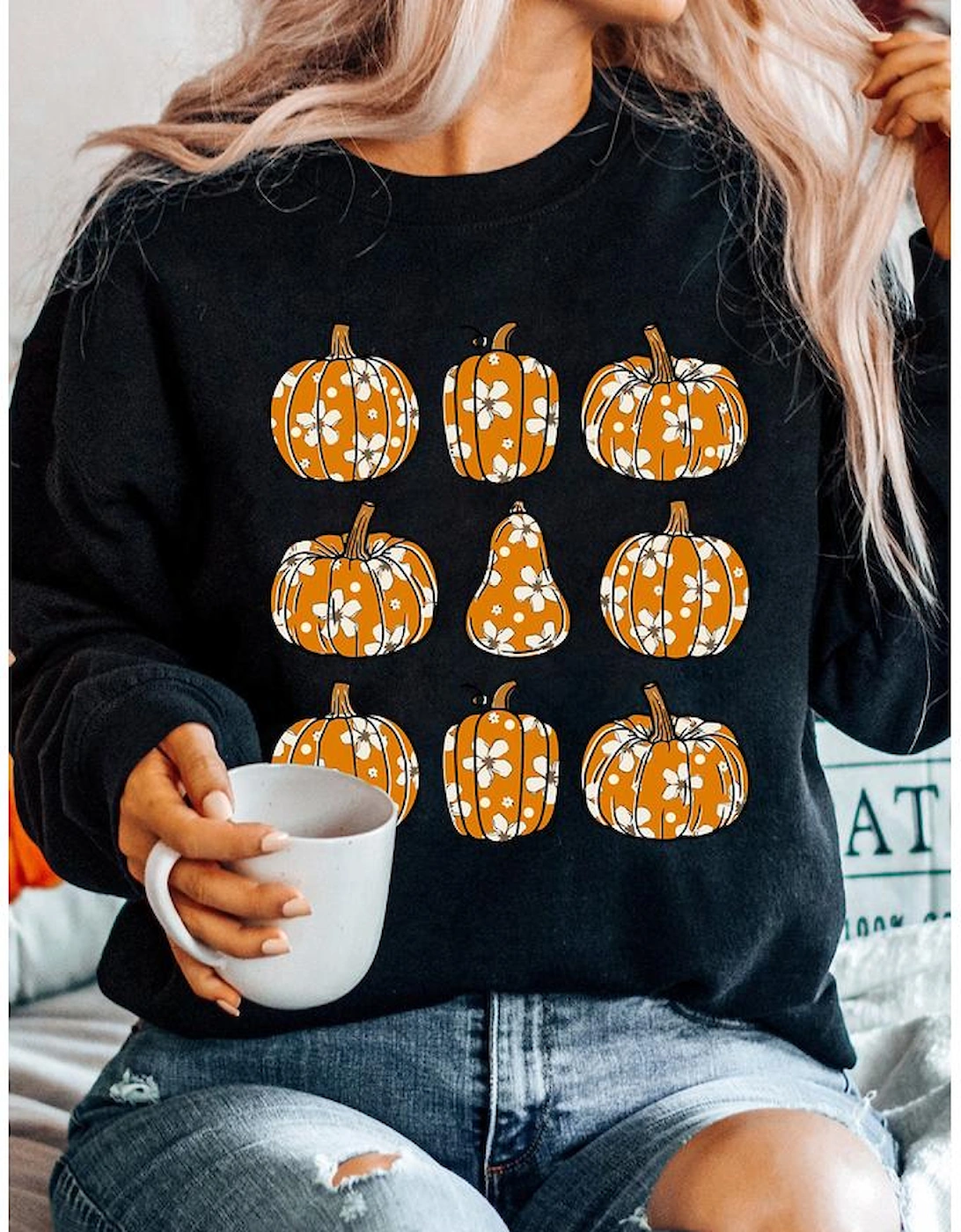 Black Floral Pumpkin Graphic Round Neck Halloween Sweatshirt, 7 of 6