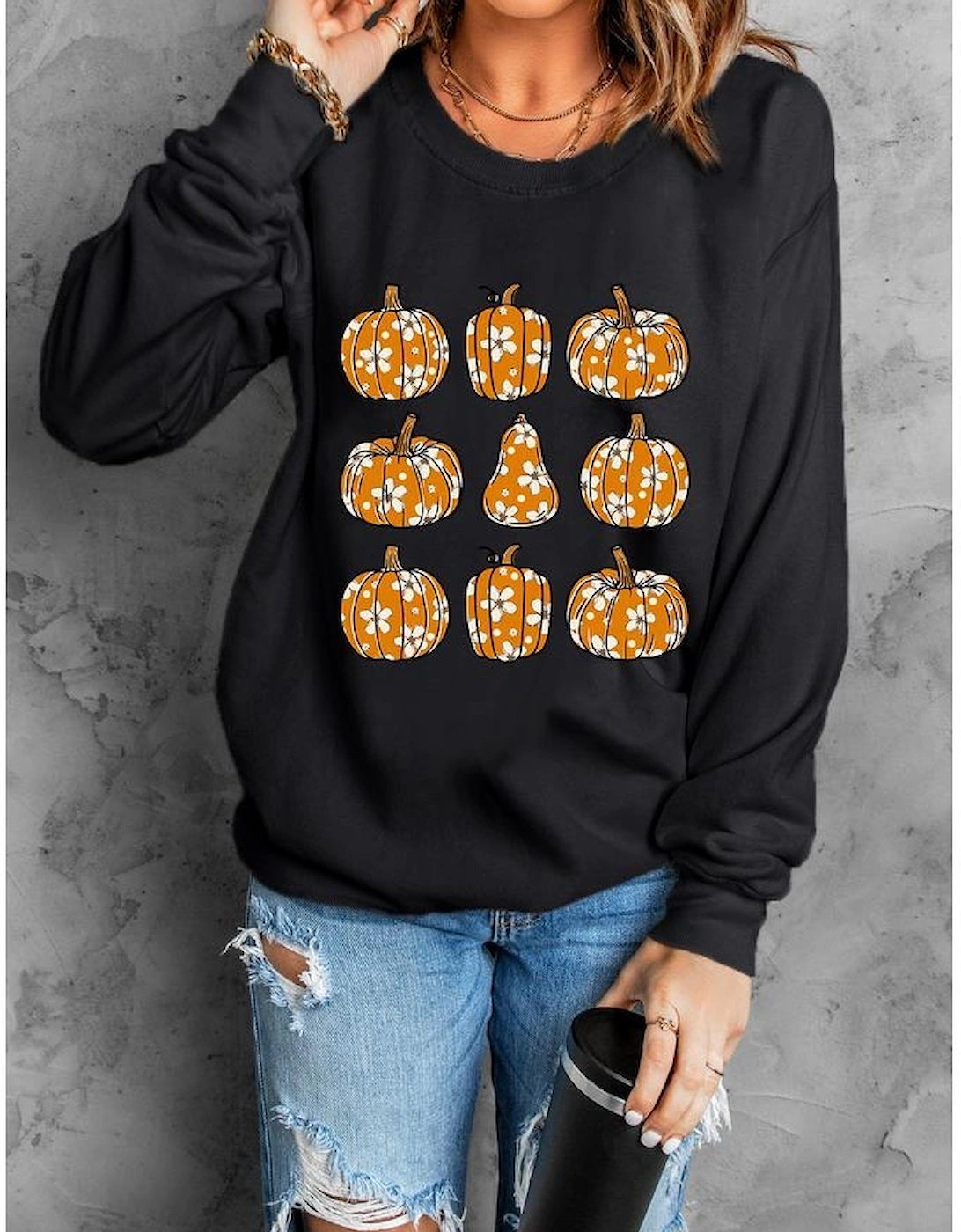 Black Floral Pumpkin Graphic Round Neck Halloween Sweatshirt