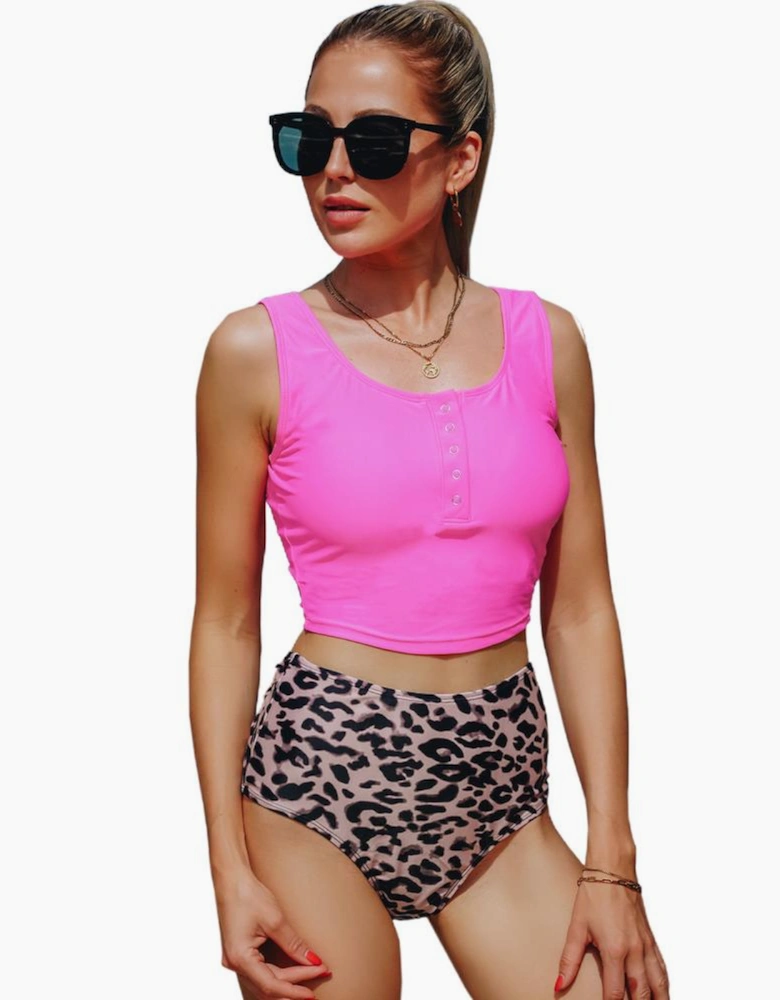 Leopard Square Neck Sleeveless Fashion Print Tankini Set