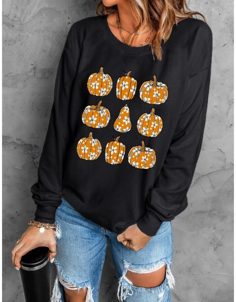 Black Floral Pumpkin Graphic Round Neck Halloween Sweatshirt