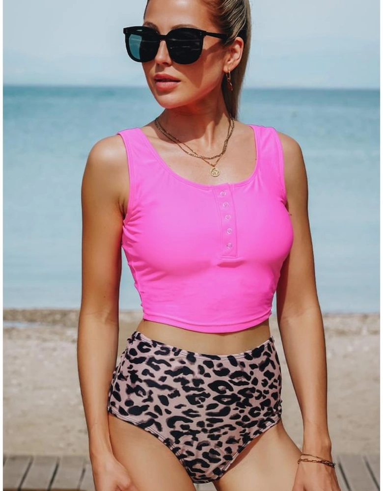 Leopard Square Neck Sleeveless Fashion Print Tankini Set