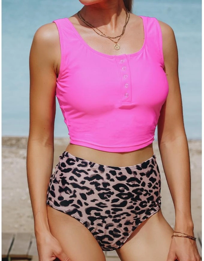 Leopard Square Neck Sleeveless Fashion Print Tankini Set