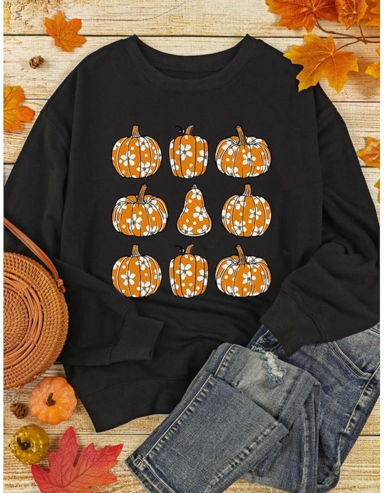 Black Floral Pumpkin Graphic Round Neck Halloween Sweatshirt