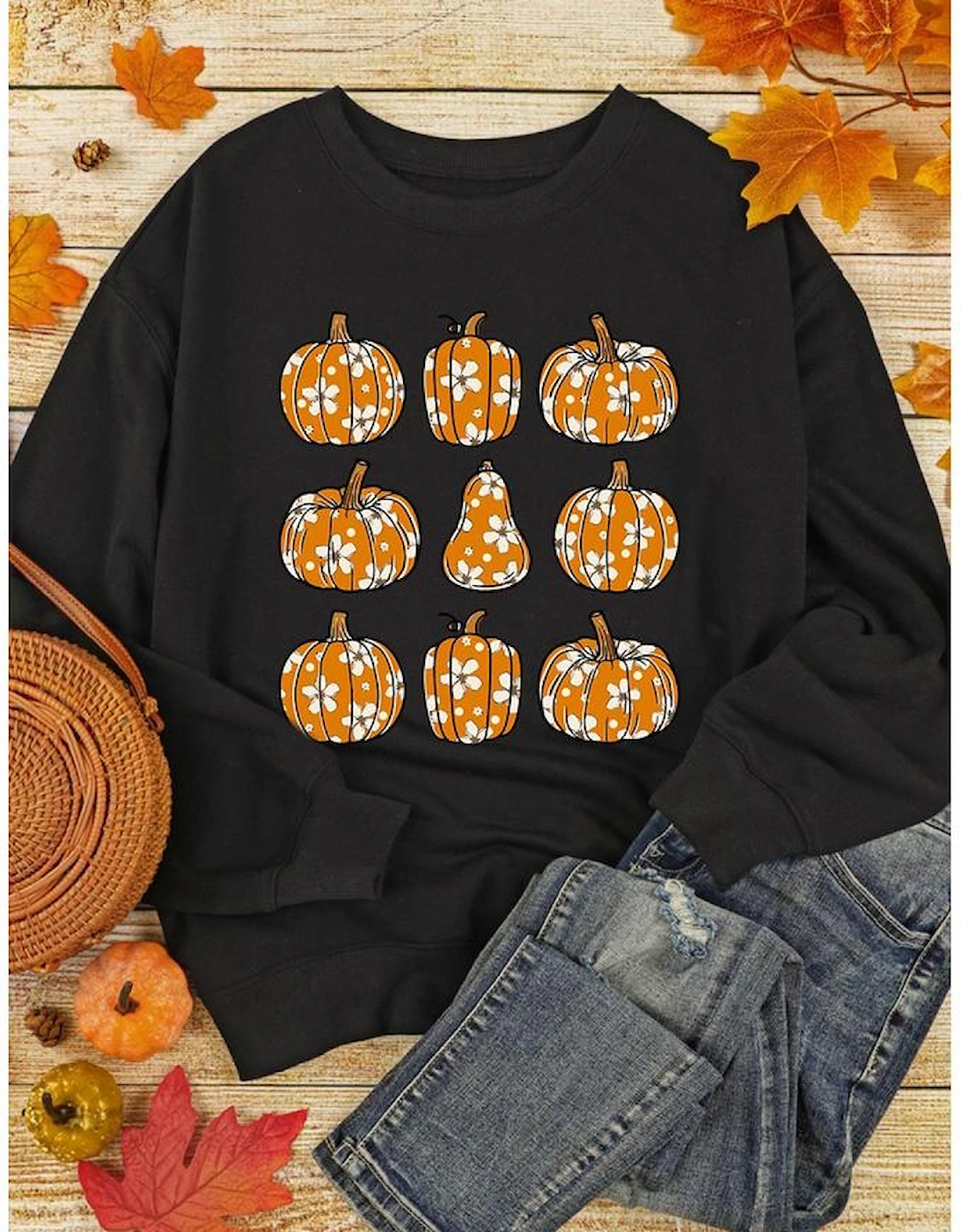 Black Floral Pumpkin Graphic Round Neck Halloween Sweatshirt