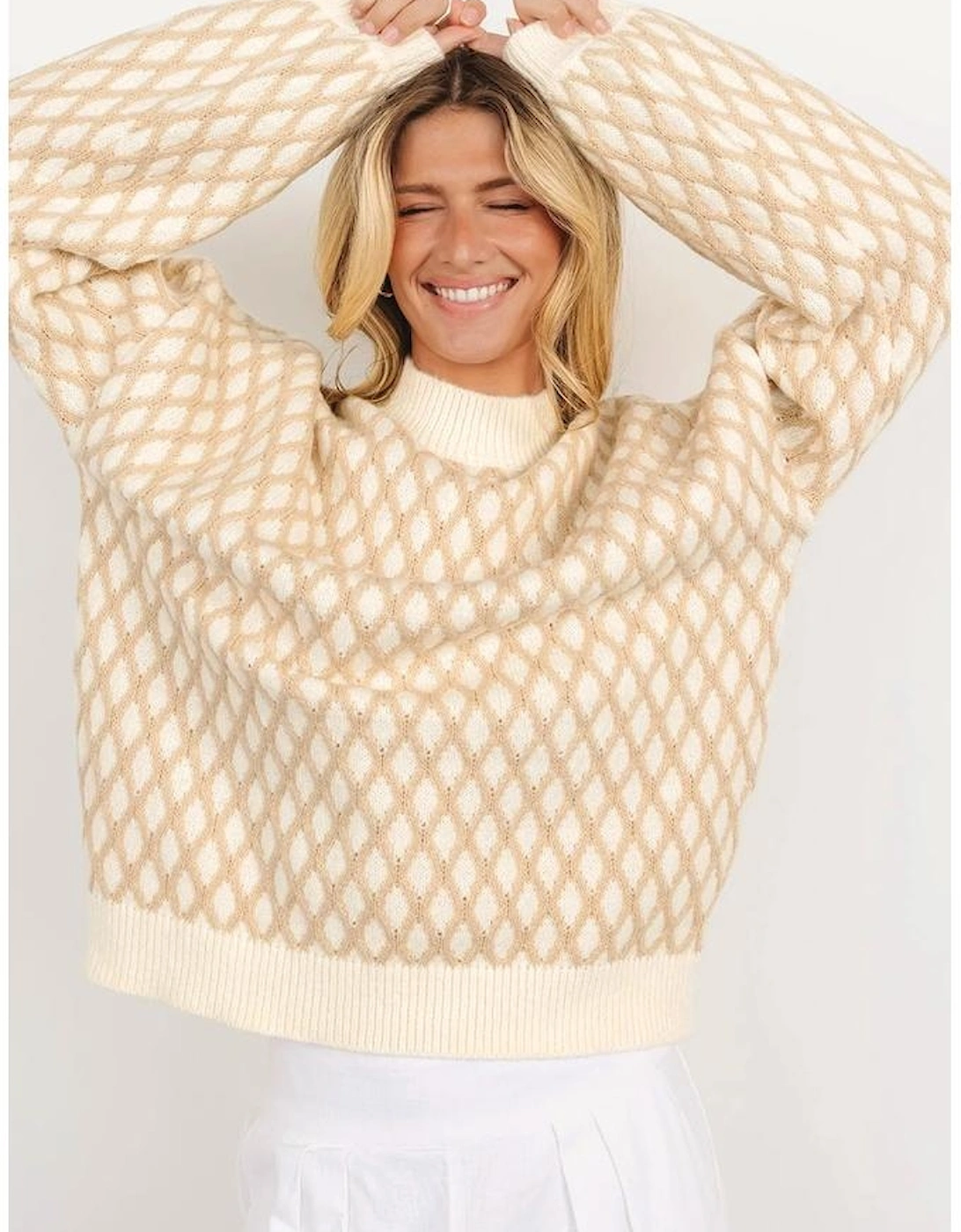 Oatmeal Diamond Knit Drop Shoulder Loose Sweater