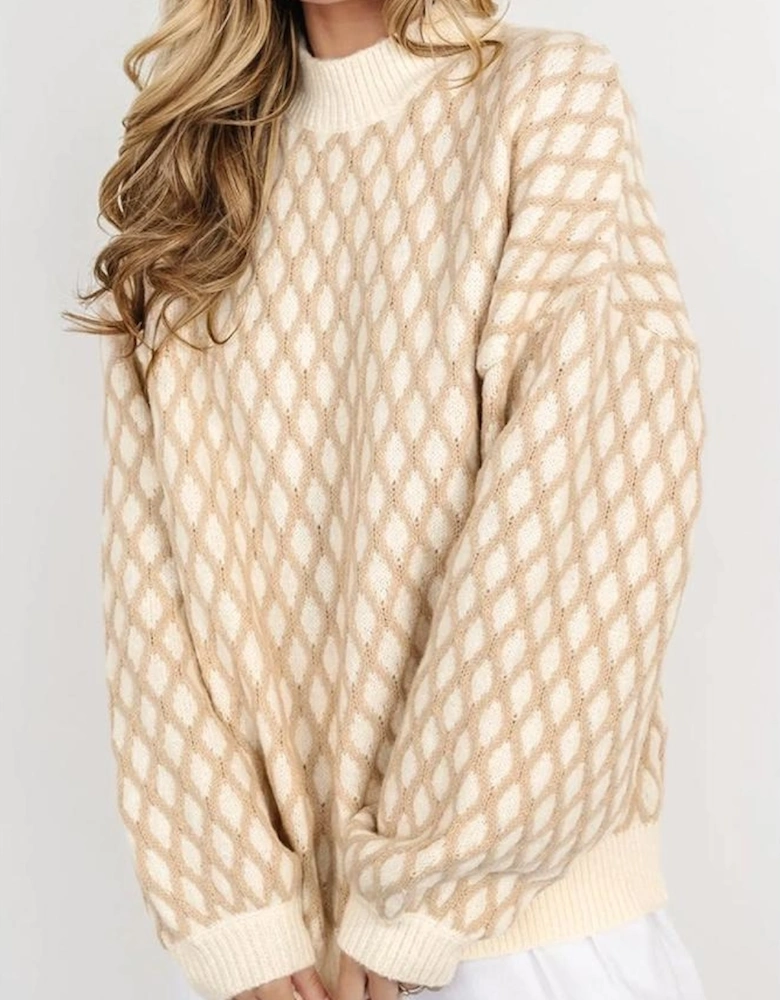 Oatmeal Diamond Knit Drop Shoulder Loose Sweater