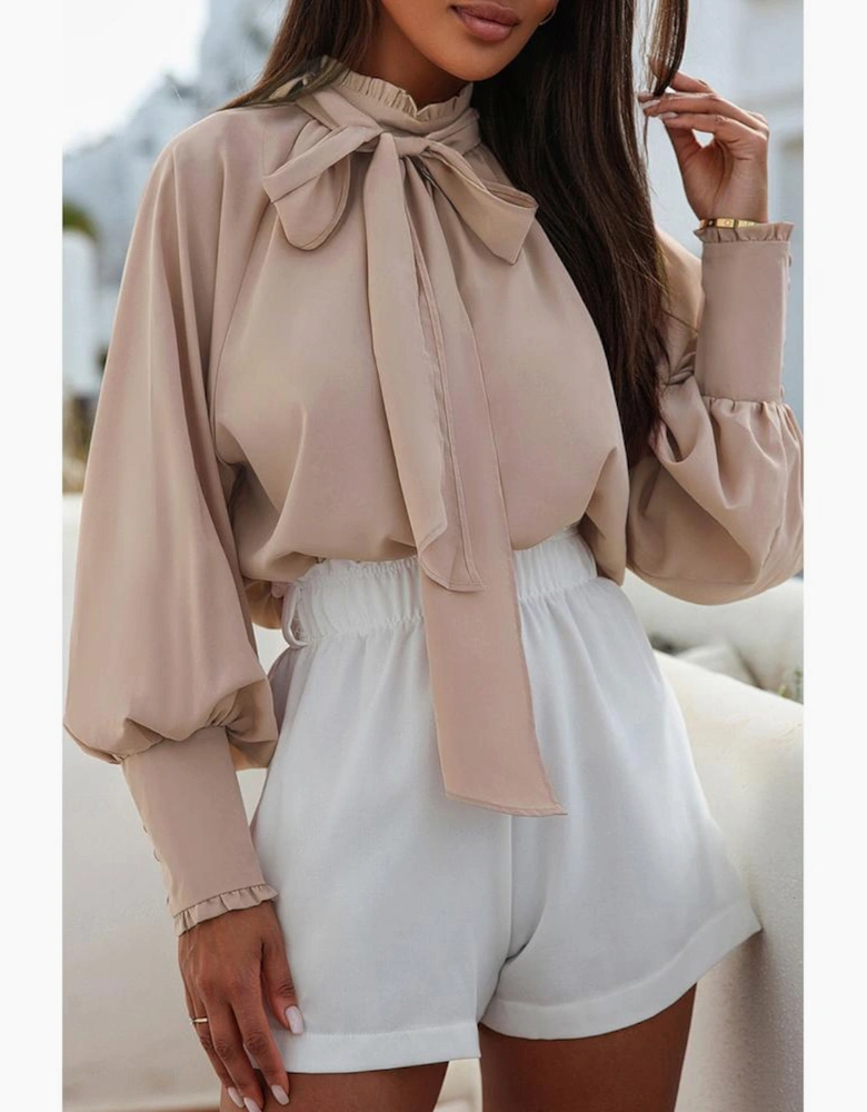 Khaki Frilled Knotted Mock Neck Bishop Sleeve Blouse