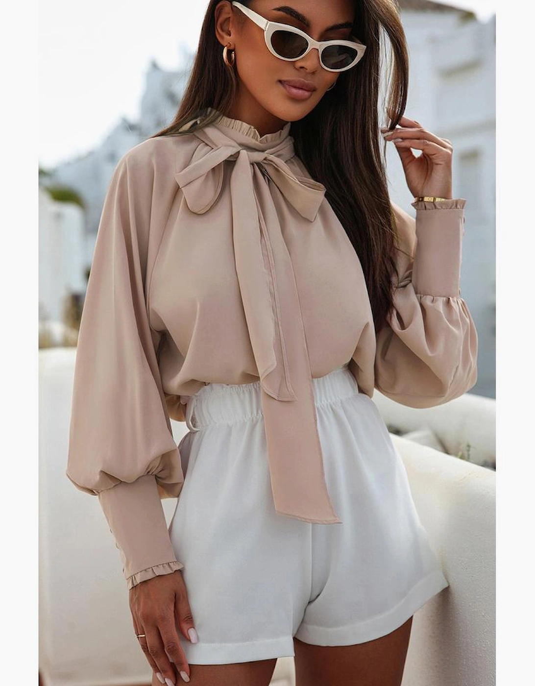 Khaki Frilled Knotted Mock Neck Bishop Sleeve Blouse