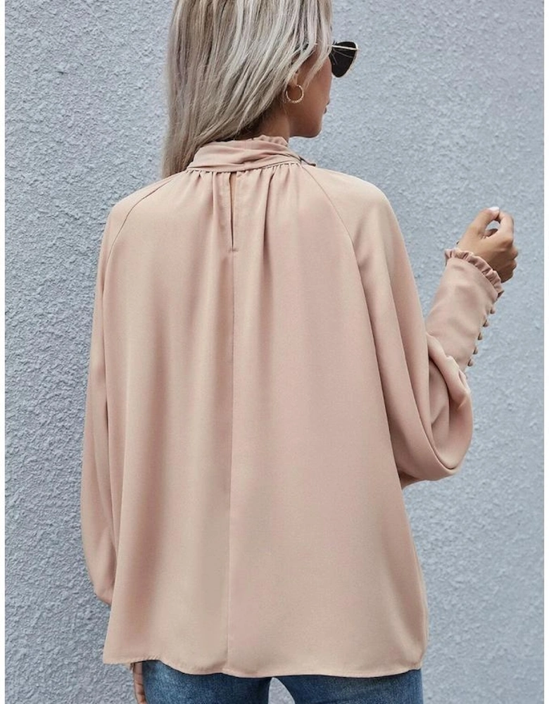 Khaki Frilled Knotted Mock Neck Bishop Sleeve Blouse