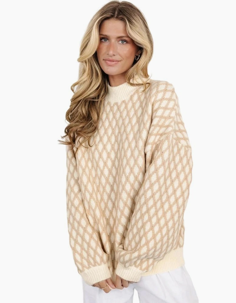 Oatmeal Diamond Knit Drop Shoulder Loose Sweater