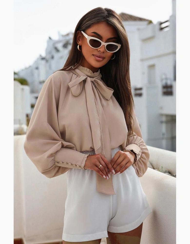 Khaki Frilled Knotted Mock Neck Bishop Sleeve Blouse