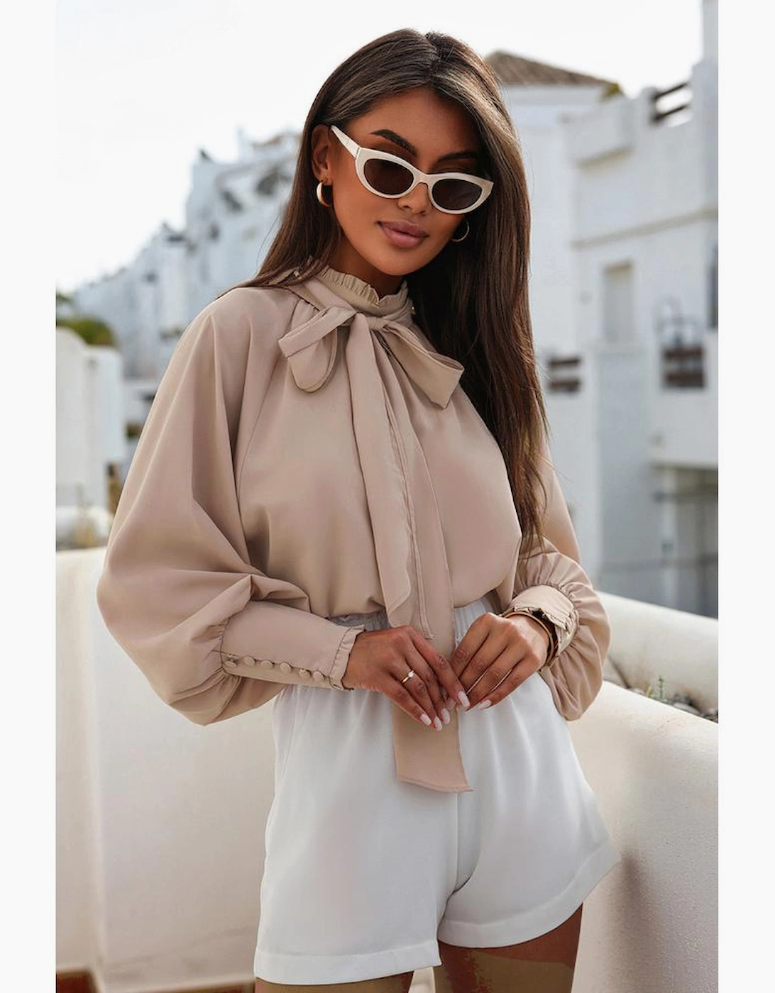 Khaki Frilled Knotted Mock Neck Bishop Sleeve Blouse, 10 of 9