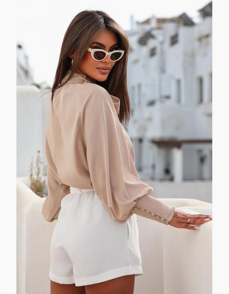 Khaki Frilled Knotted Mock Neck Bishop Sleeve Blouse