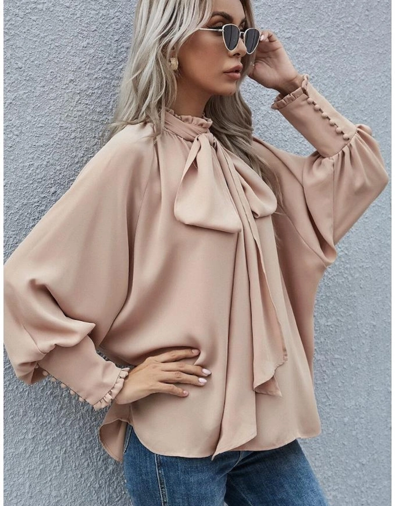 Khaki Frilled Knotted Mock Neck Bishop Sleeve Blouse