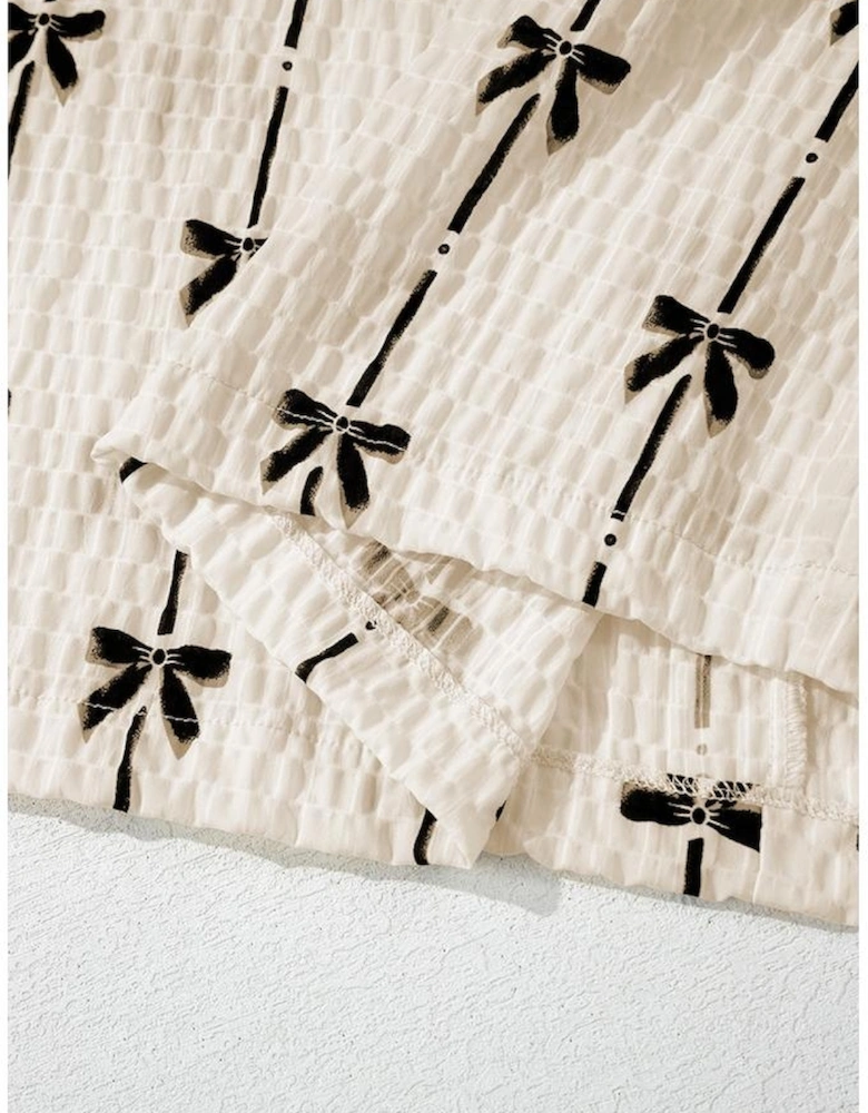 Beige Bow Print Puff Short Sleeve Top