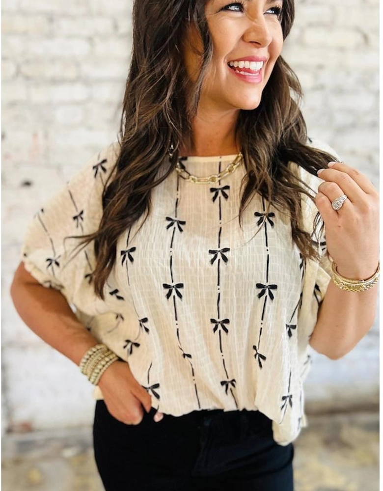 Beige Bow Print Puff Short Sleeve Top