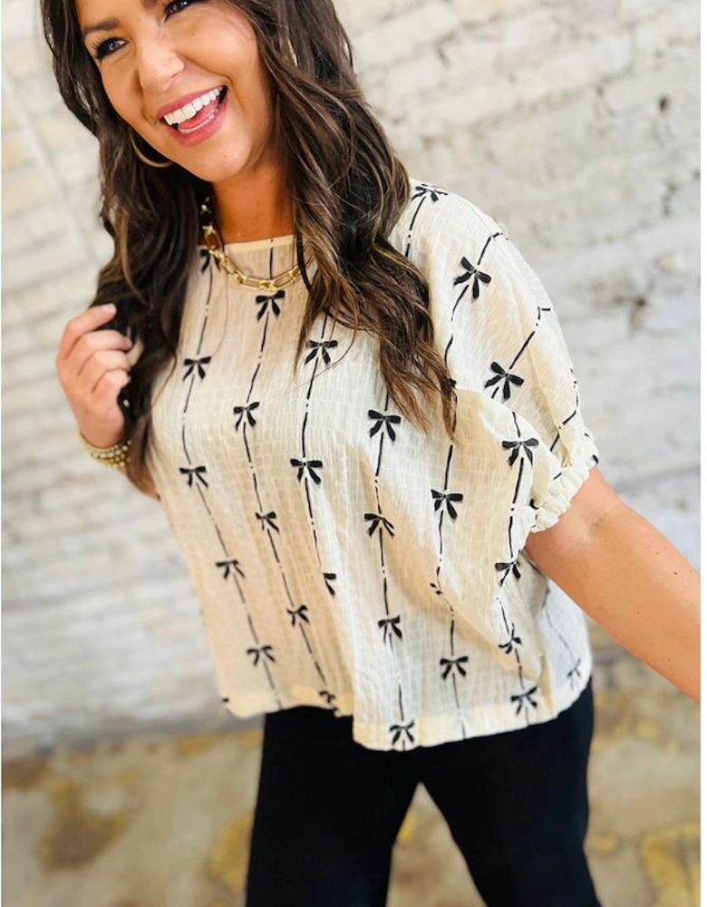 Beige Bow Print Puff Short Sleeve Top