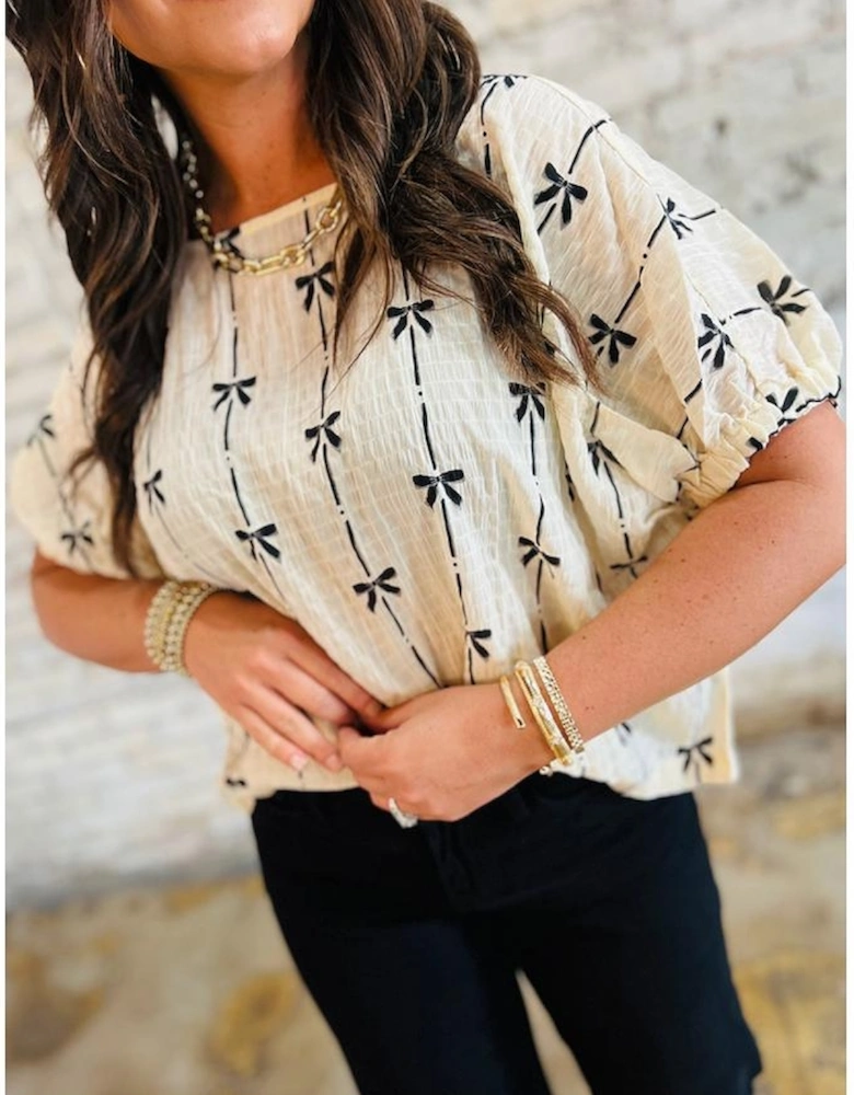 Beige Bow Print Puff Short Sleeve Top