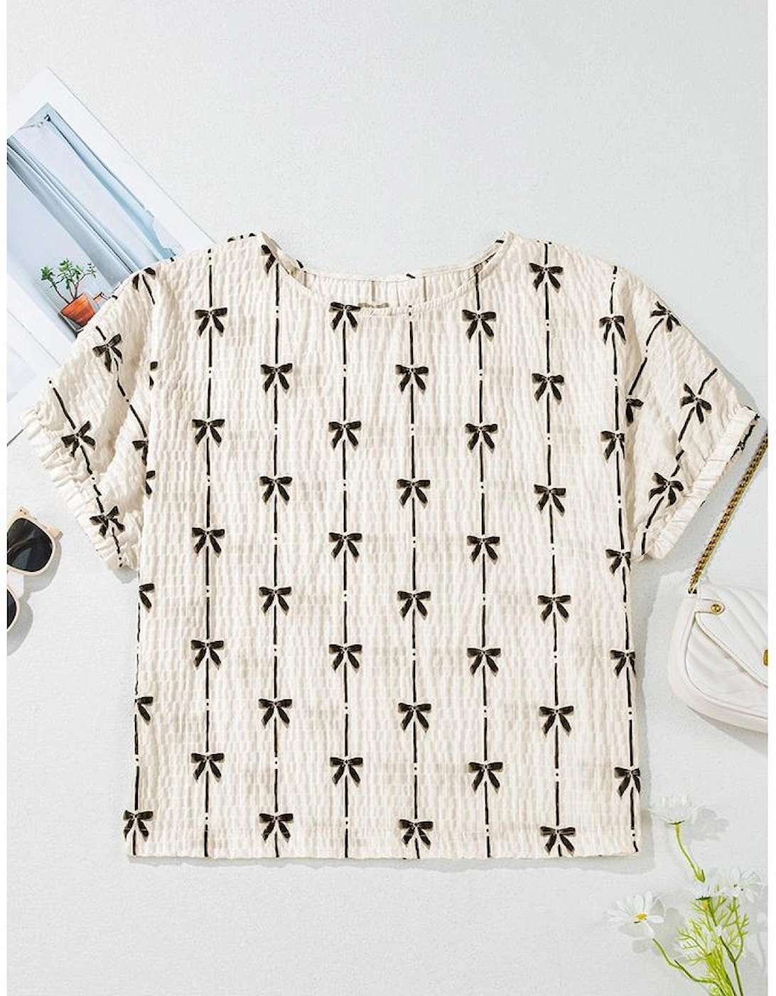 Beige Bow Print Puff Short Sleeve Top