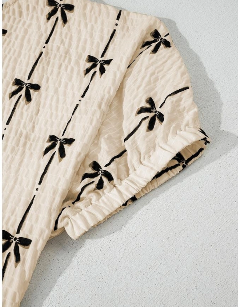 Beige Bow Print Puff Short Sleeve Top