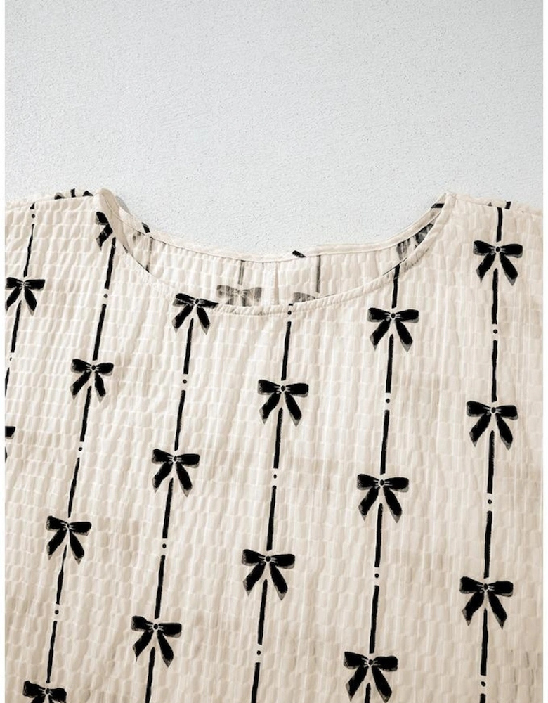Beige Bow Print Puff Short Sleeve Top