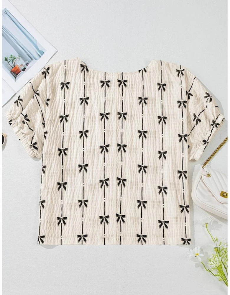 Beige Bow Print Puff Short Sleeve Top