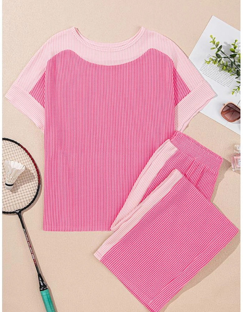 Sachet Pink 2-tone Colorblock Patchwork Corded 2pcs Outfit