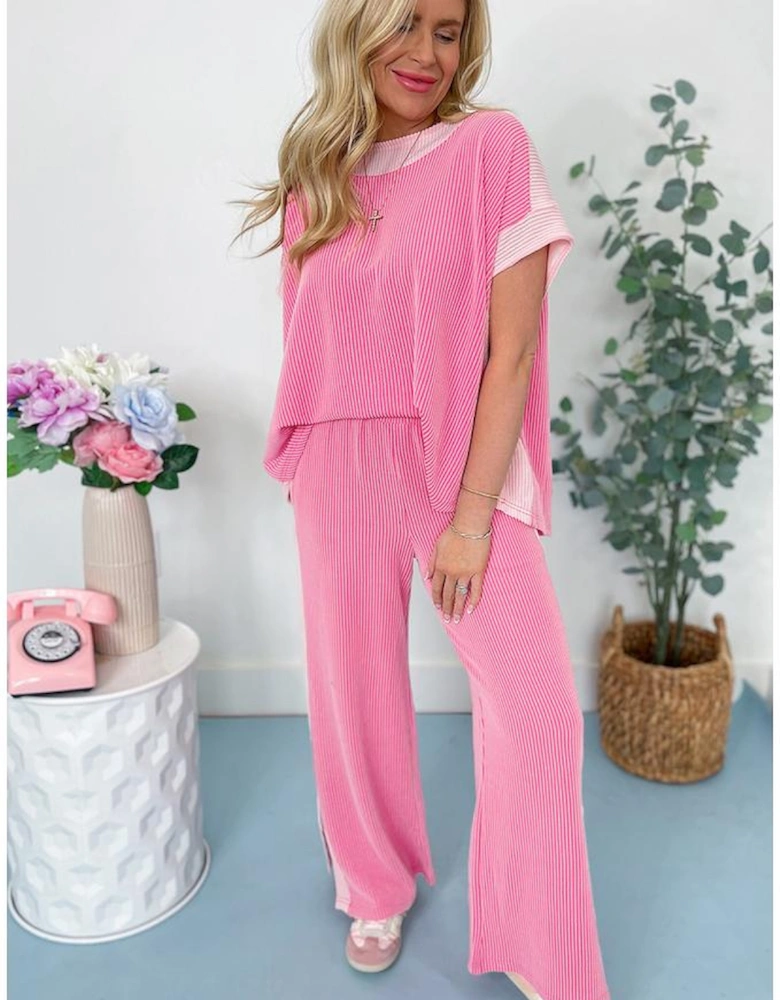 Sachet Pink 2-tone Colorblock Patchwork Corded 2pcs Outfit