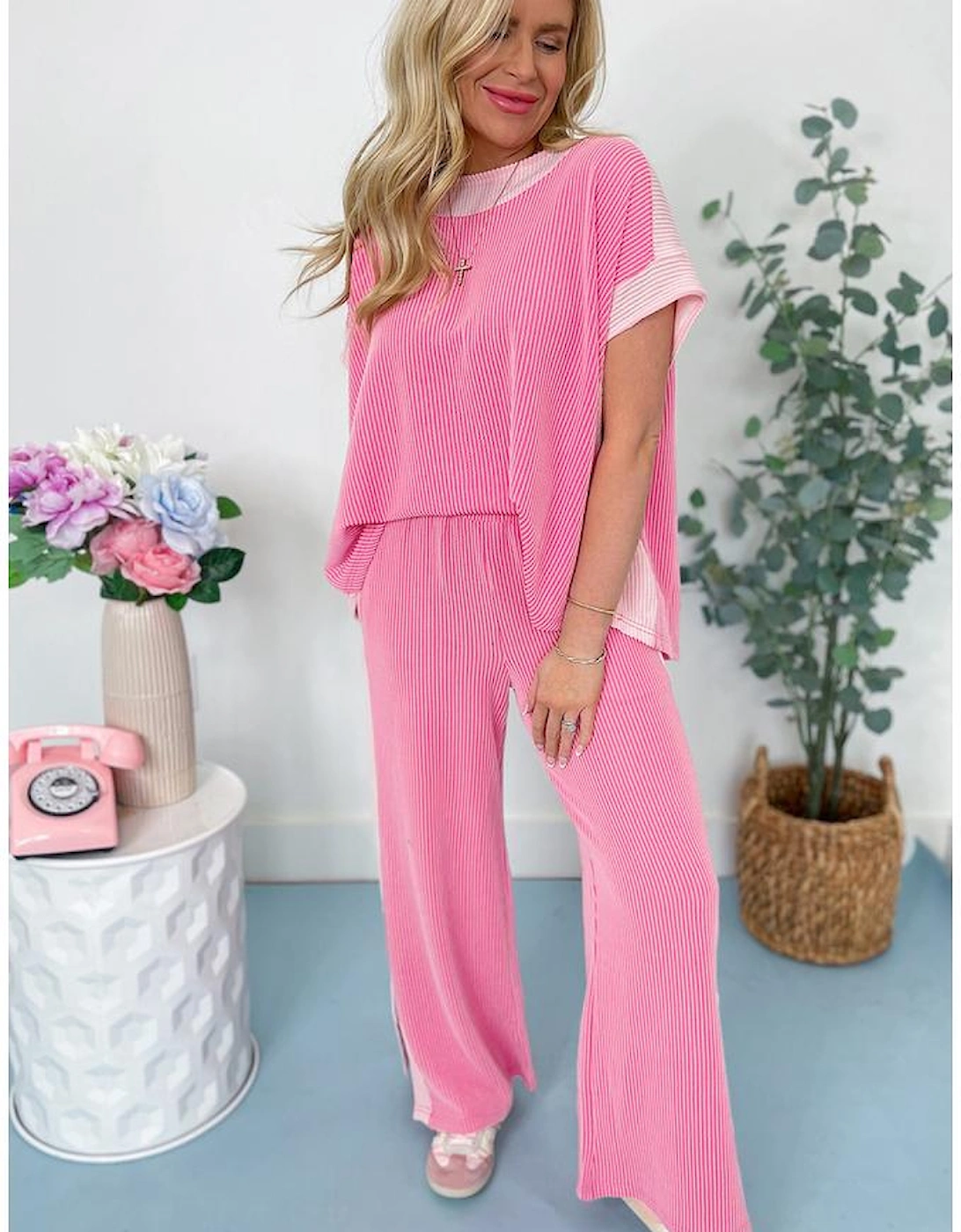 Sachet Pink 2-tone Colorblock Patchwork Corded 2pcs Outfit