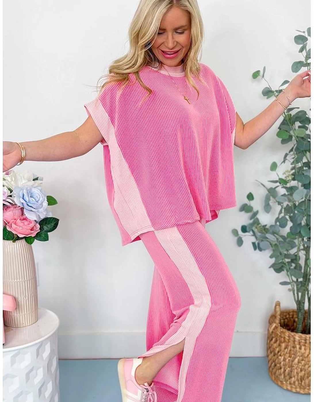 Sachet Pink 2-tone Colorblock Patchwork Corded 2pcs Outfit