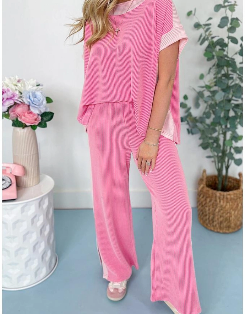 Sachet Pink 2-tone Colorblock Patchwork Corded 2pcs Outfit