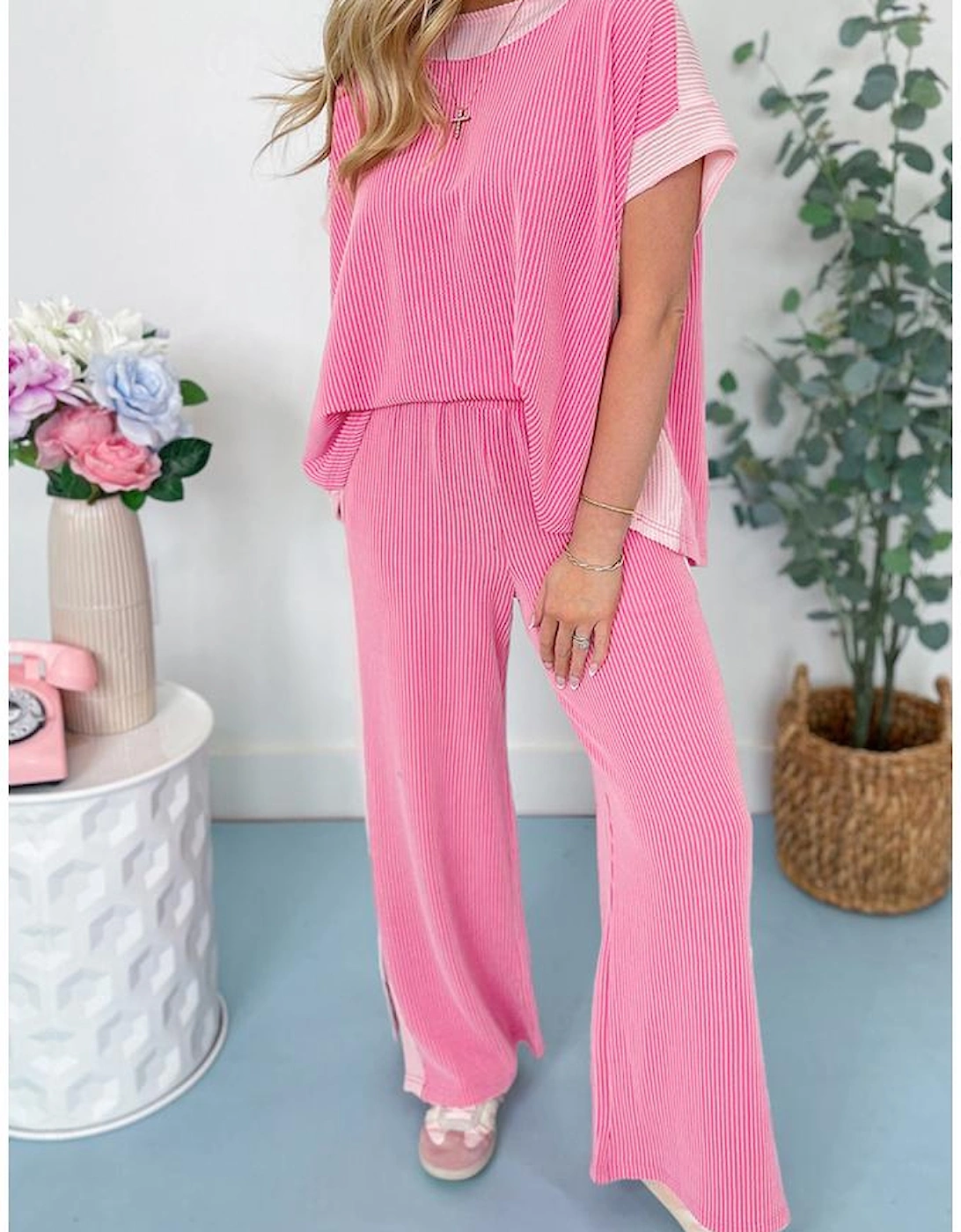 Sachet Pink 2-tone Colorblock Patchwork Corded 2pcs Outfit