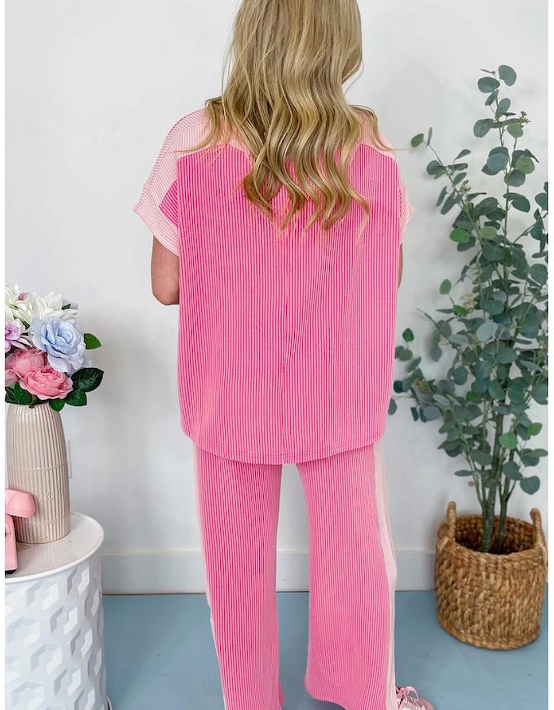 Sachet Pink 2-tone Colorblock Patchwork Corded 2pcs Outfit, 16 of 15