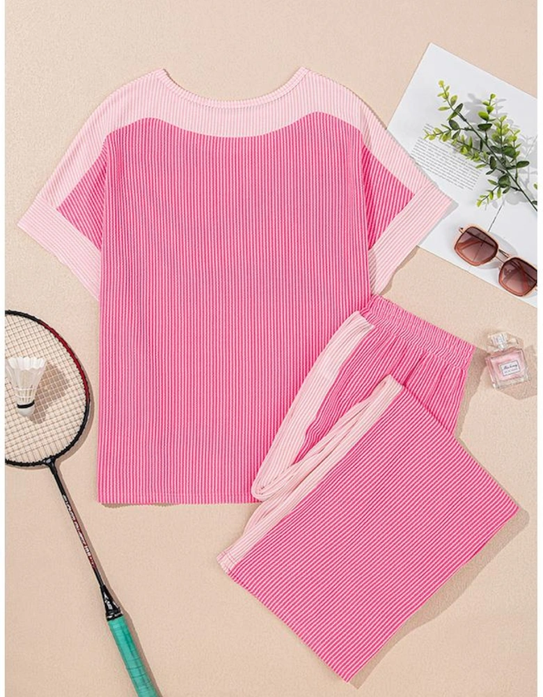 Sachet Pink 2-tone Colorblock Patchwork Corded 2pcs Outfit