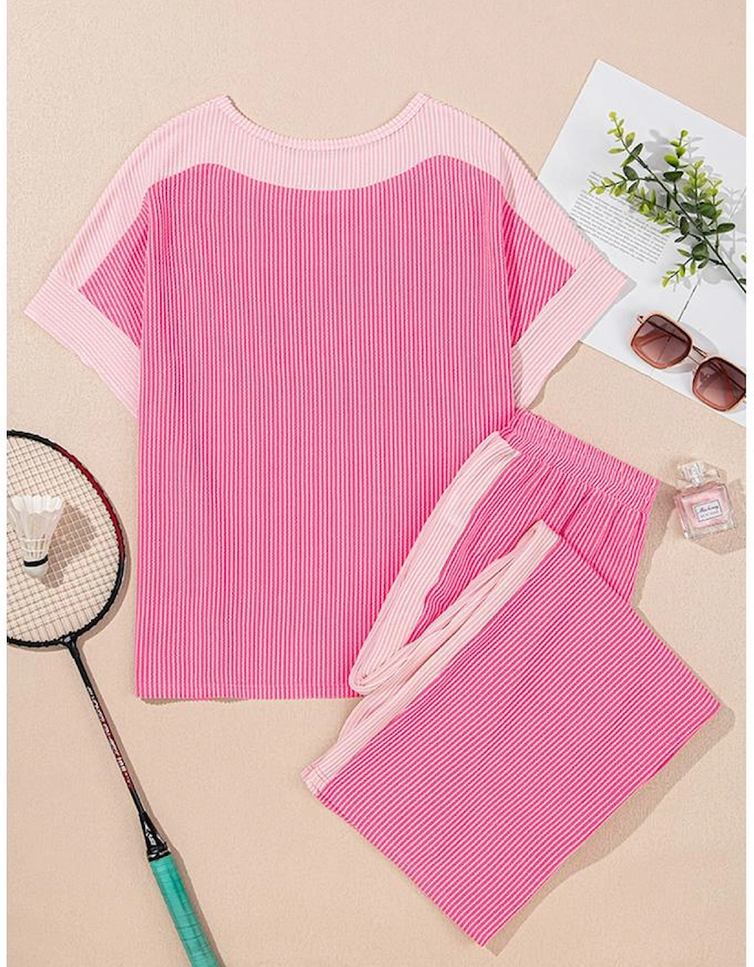 Sachet Pink 2-tone Colorblock Patchwork Corded 2pcs Outfit