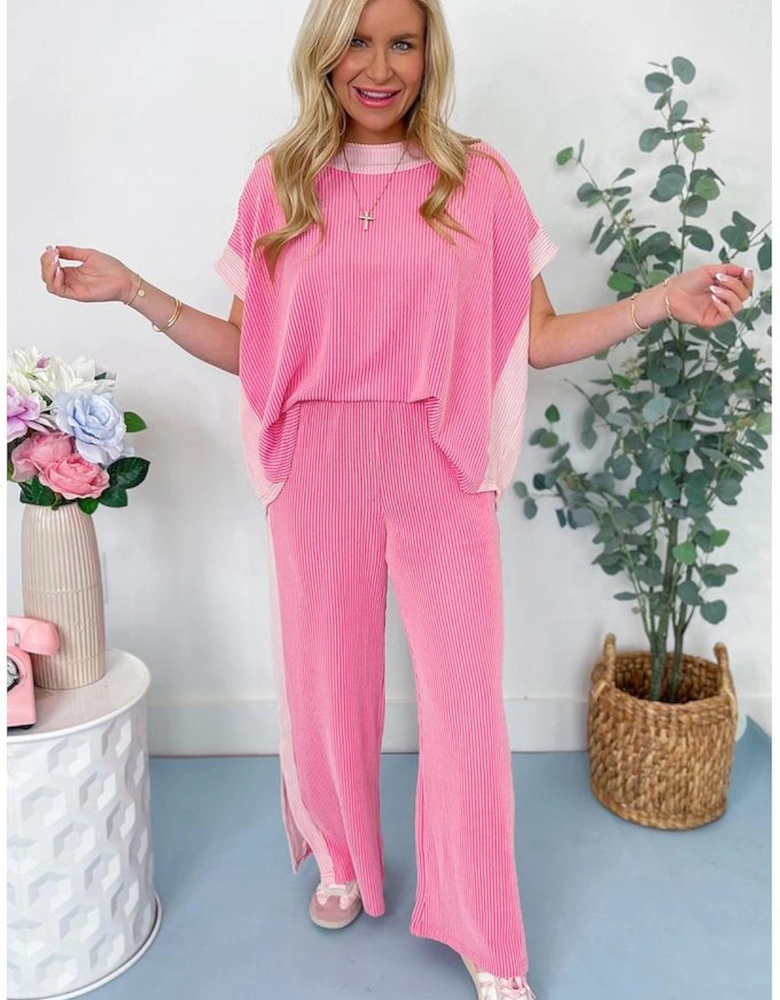 Sachet Pink 2-tone Colorblock Patchwork Corded 2pcs Outfit