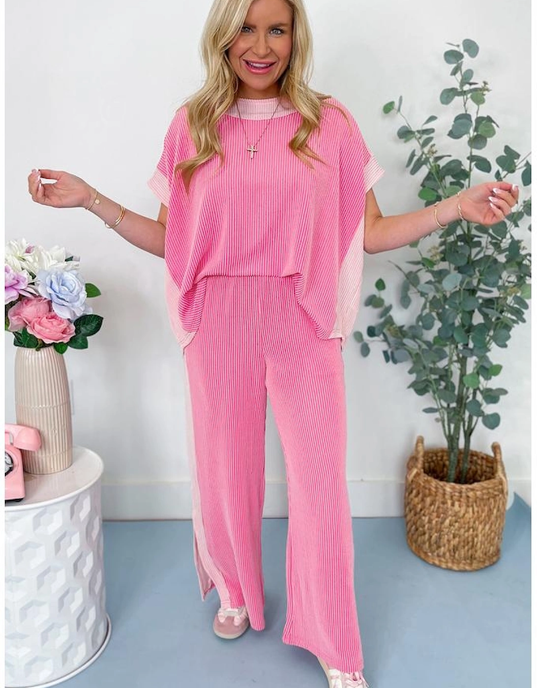 Sachet Pink 2-tone Colorblock Patchwork Corded 2pcs Outfit