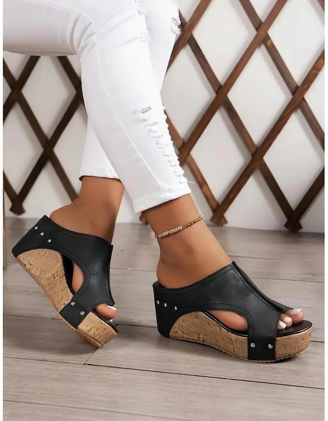 Black Hollow Out Studded PU Leather Wedge Slippers