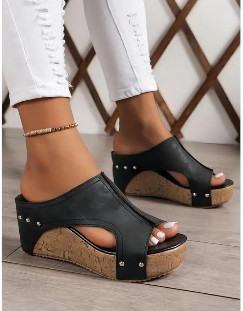 Black Hollow Out Studded PU Leather Wedge Slippers