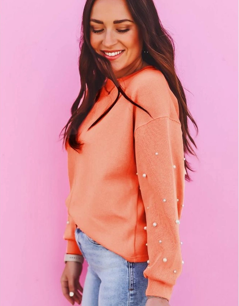 Blossom Pearled Sleeves Drop Shoulder Round Neck Pullover Sweatshirt