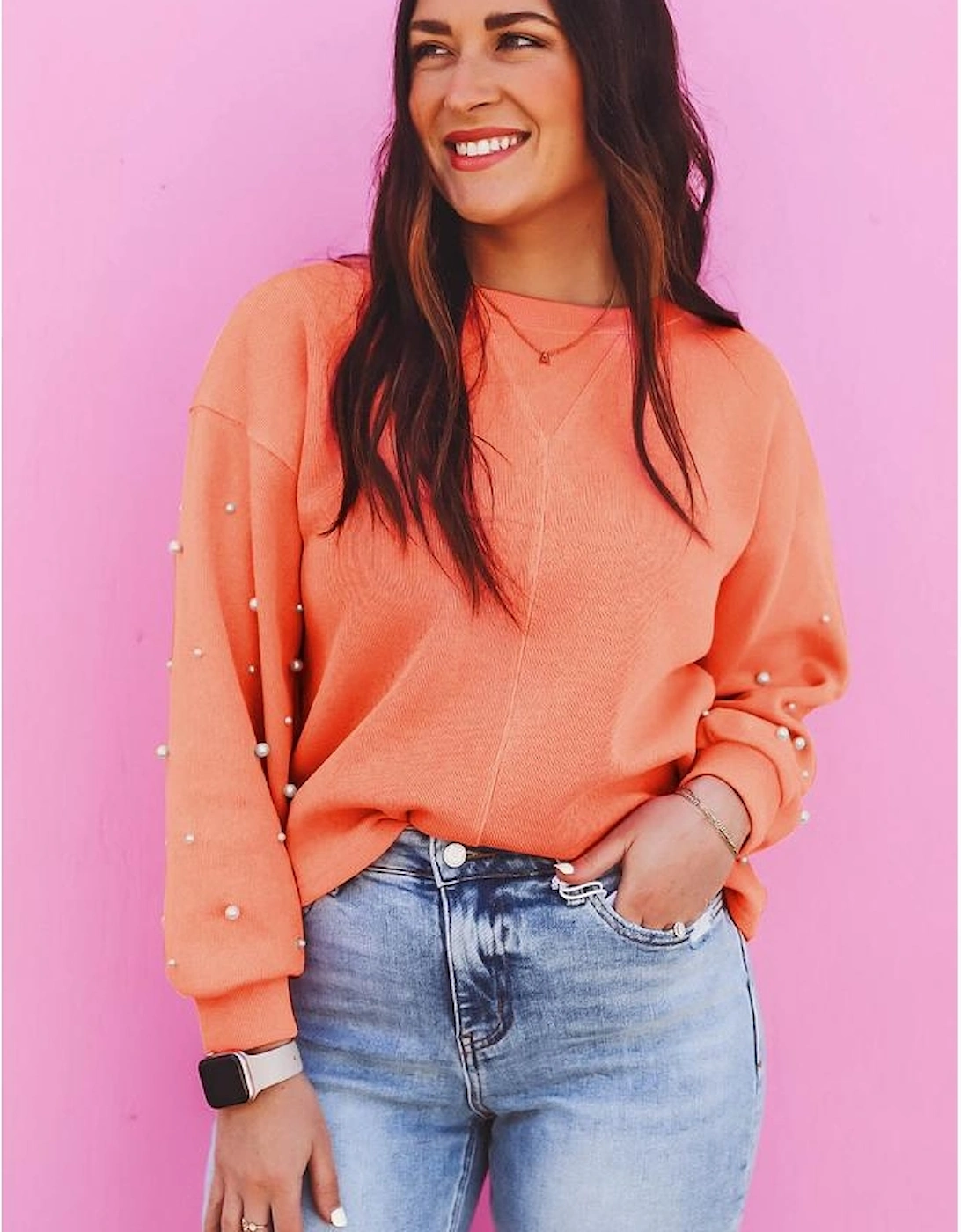 Blossom Pearled Sleeves Drop Shoulder Round Neck Pullover Sweatshirt