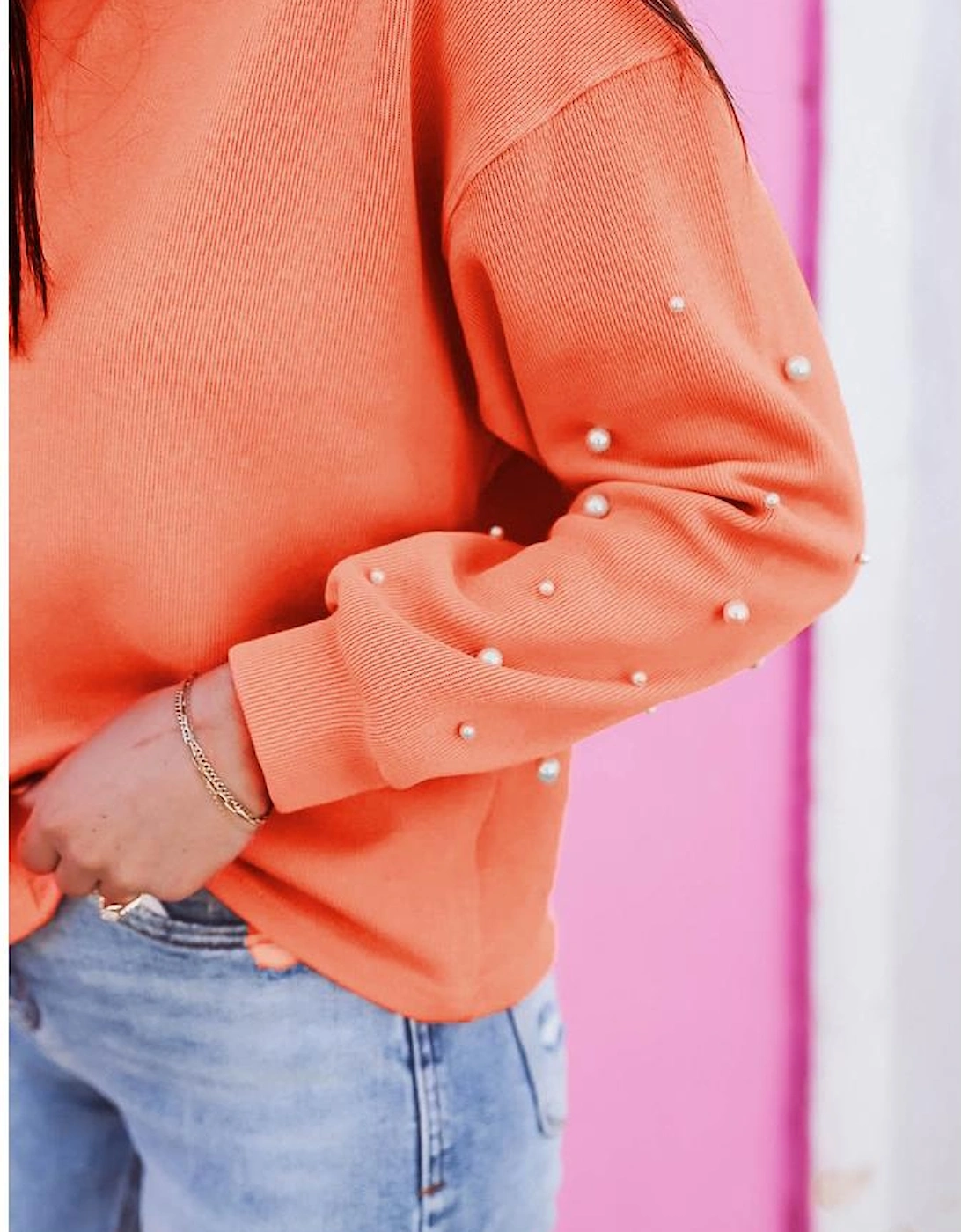 Blossom Pearled Sleeves Drop Shoulder Round Neck Pullover Sweatshirt