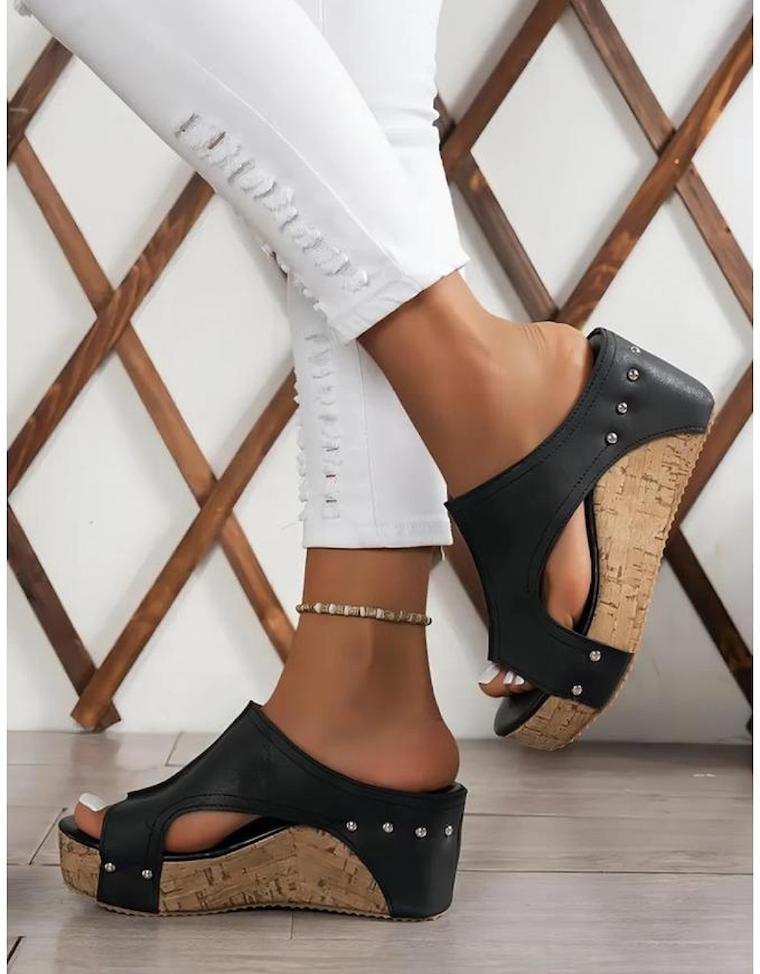 Black Hollow Out Studded PU Leather Wedge Slippers, 6 of 5