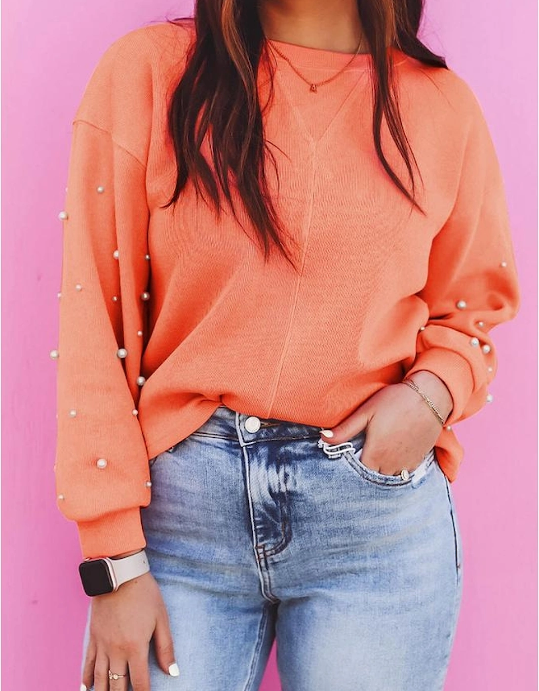 Blossom Pearled Sleeves Drop Shoulder Round Neck Pullover Sweatshirt