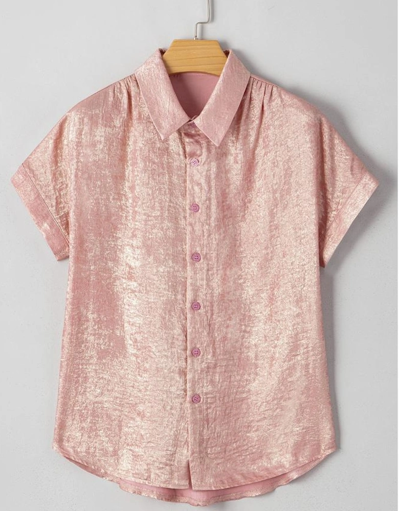 Delicacy Metallic Buttoned Loose Fit Short Sleeve Shirt
