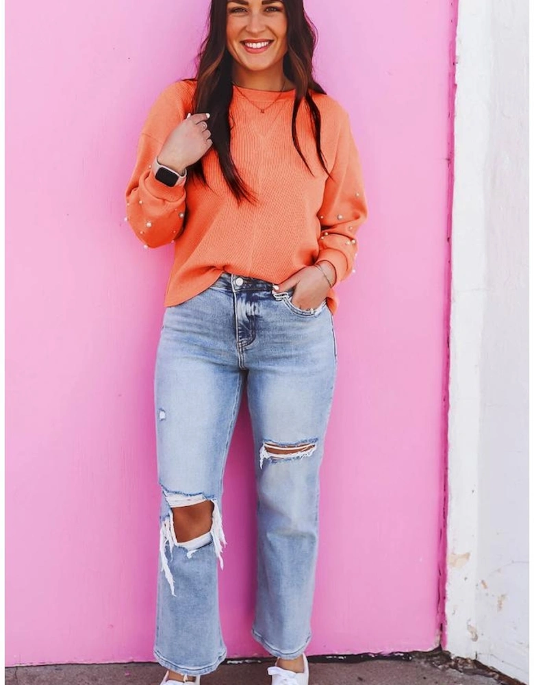 Blossom Pearled Sleeves Drop Shoulder Round Neck Pullover Sweatshirt