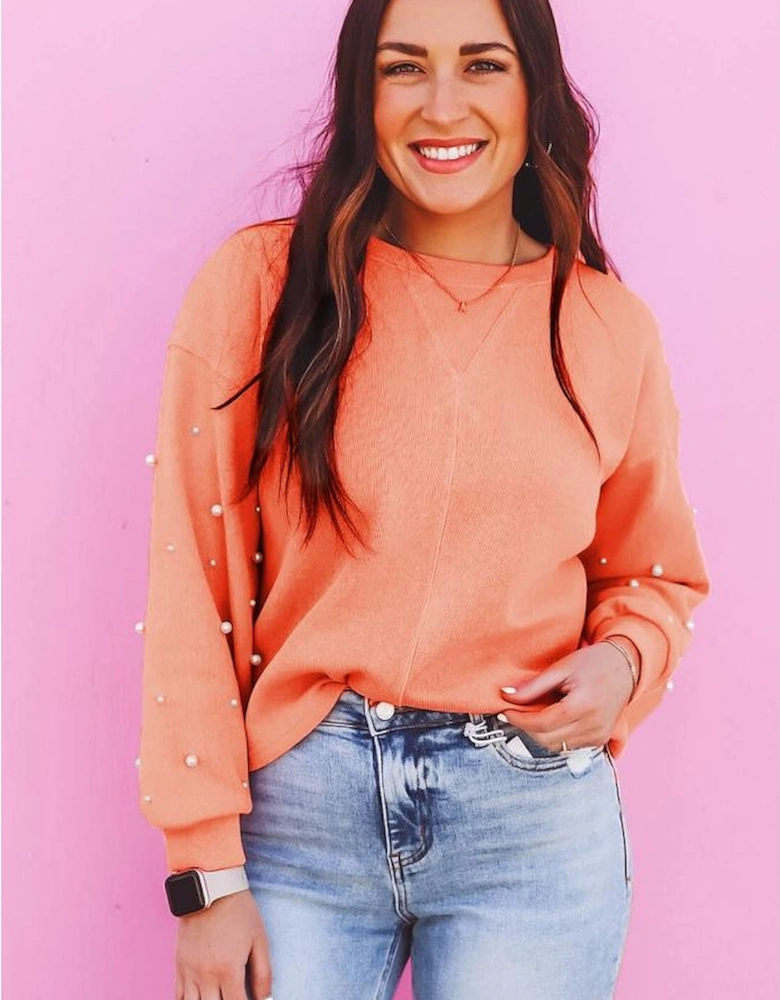 Blossom Pearled Sleeves Drop Shoulder Round Neck Pullover Sweatshirt