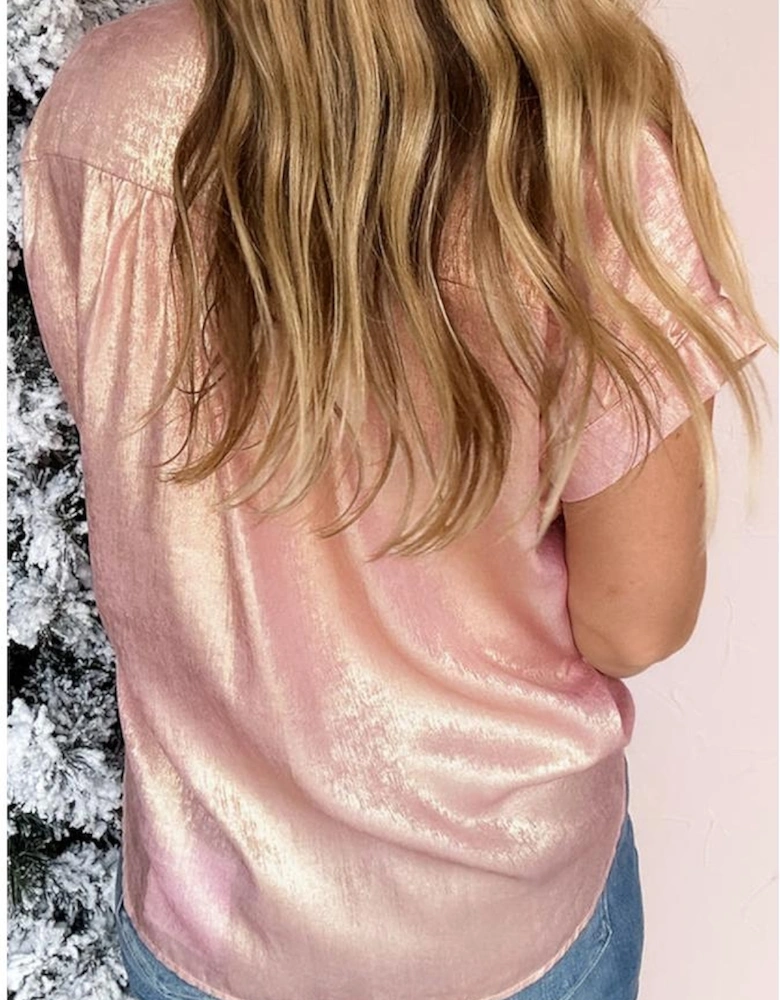 Delicacy Metallic Buttoned Loose Fit Short Sleeve Shirt