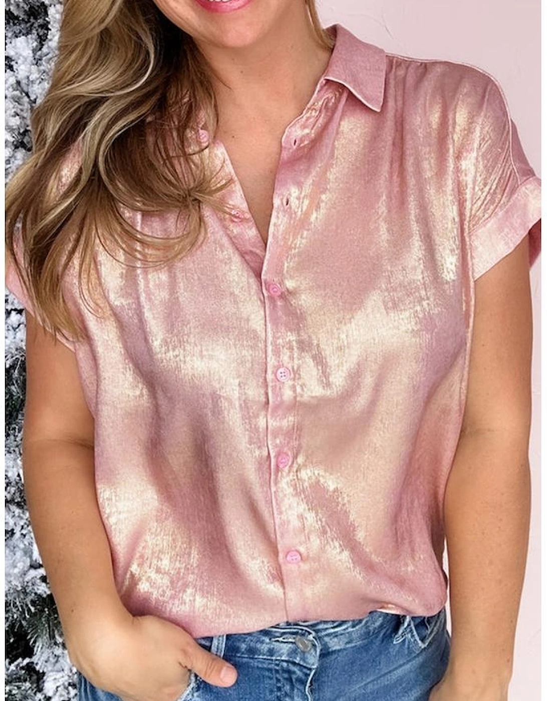 Delicacy Metallic Buttoned Loose Fit Short Sleeve Shirt