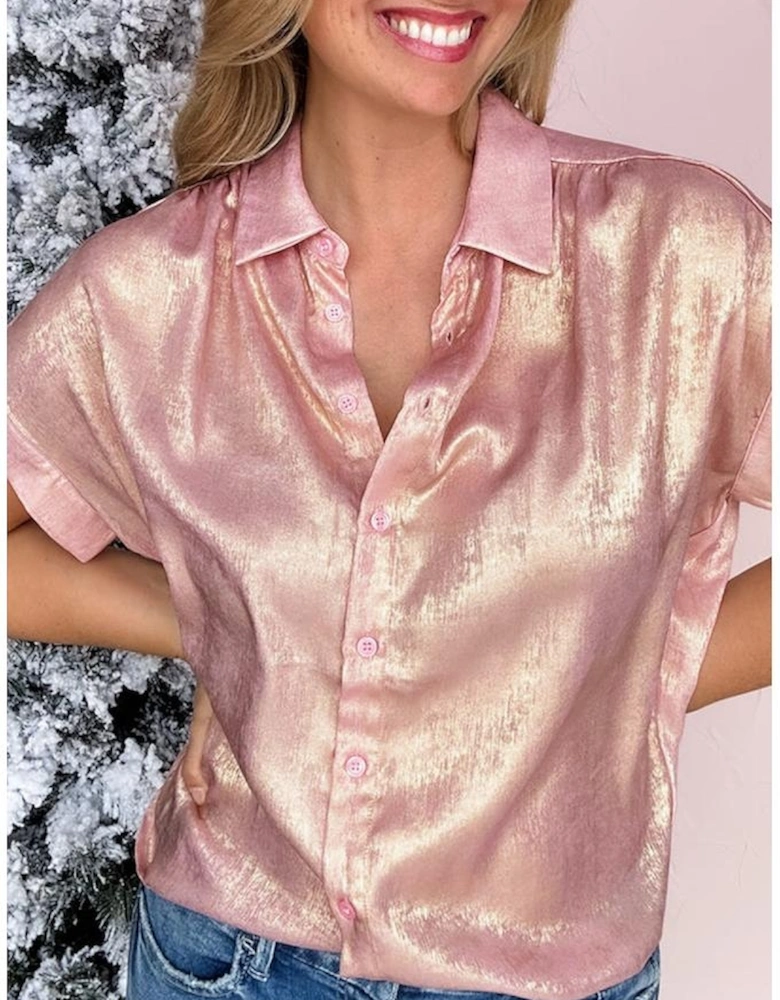 Delicacy Metallic Buttoned Loose Fit Short Sleeve Shirt
